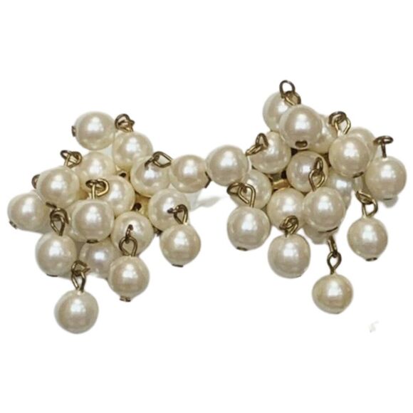 White Pearl Cluster Dangle Clip-On Statement Earrings 2" Wedding Jewelry - Picture 6 of 8